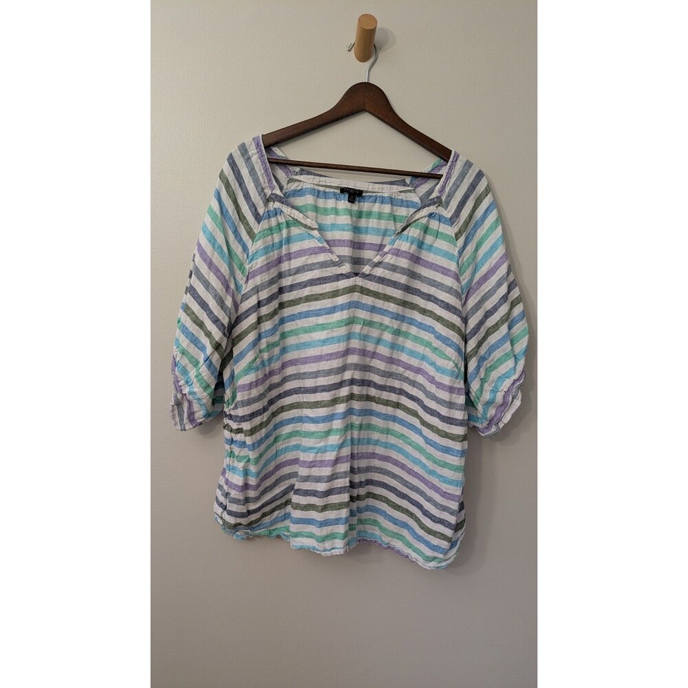 Talbots Plus Linen Top 3X Striped Relaxed Beachy Casual Coastal Colorful Boho